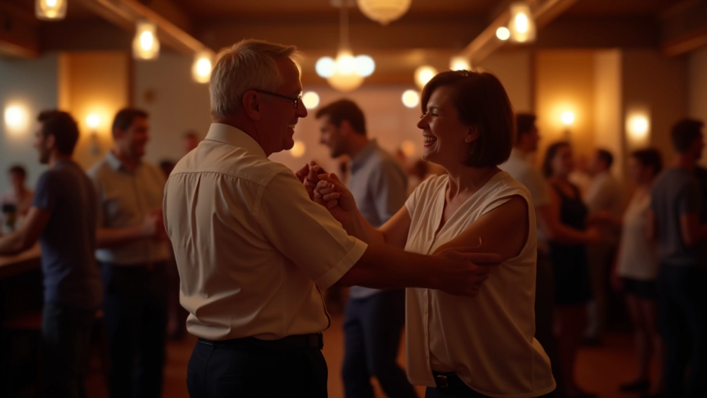 Group of adults dancing at a lively swing dance evening in an Irish venue with warm amber lighting