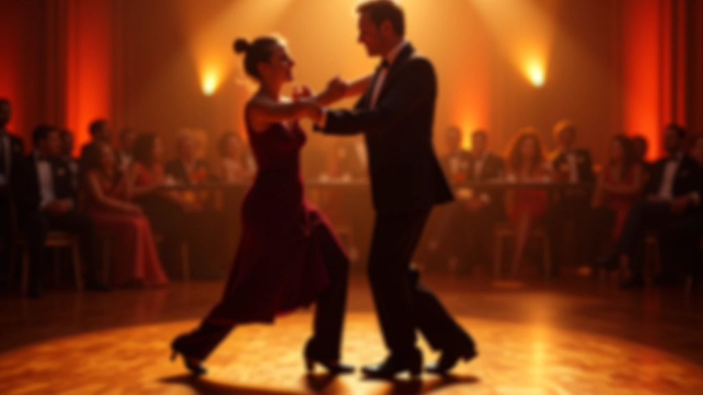 Multiple couples dancing ballroom waltz on a dance floor with warm stage lighting and blurred background