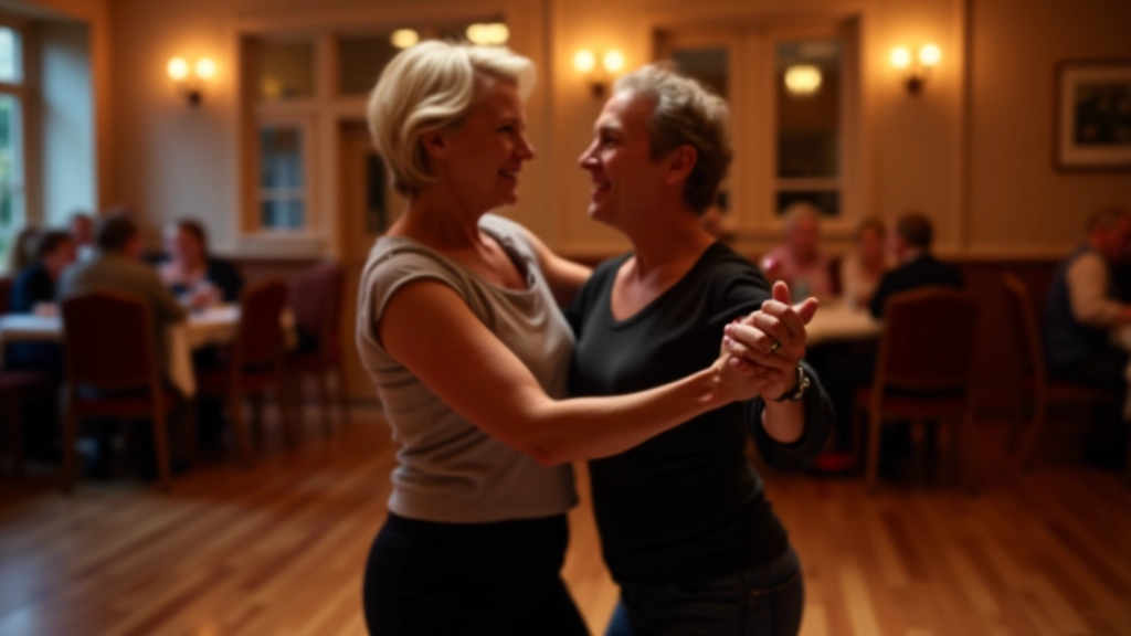 Couple performing a swing dance move with bright smiles at a social dance evening