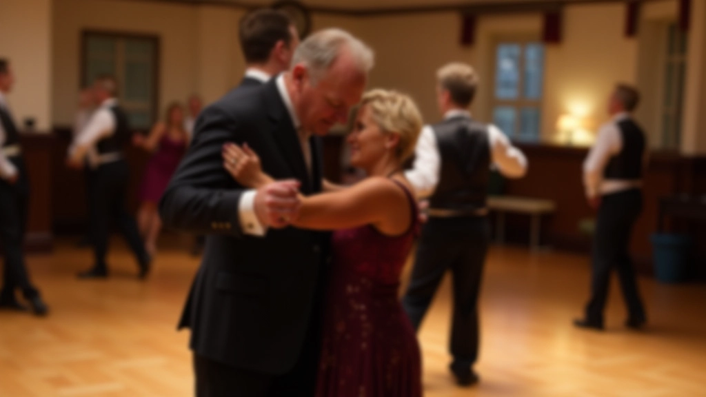 Elegantly dressed dancers performing ballroom dance in formal attire on a polished dance floor