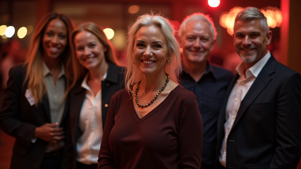 Group of diverse dancers aged 45-65 standing together at a social dance venue, smiling and chatting before the dancing begins
