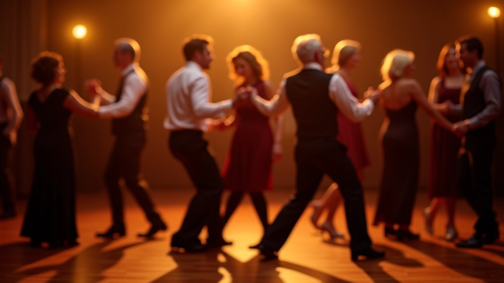 Group of ballroom dancers of mixed ages at a social event, dressed in smart casual attire, gathered on a wooden dance floor with warm ambient lighting
