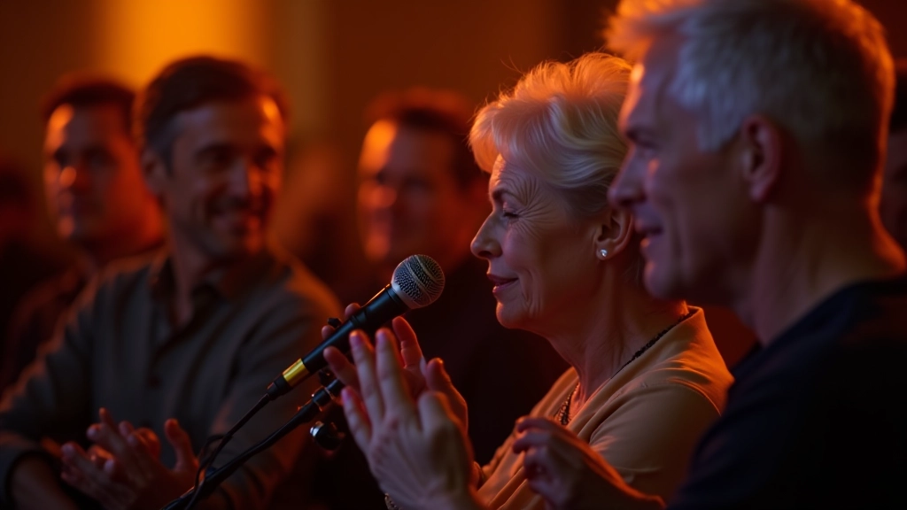 Group of people aged 45-70 sitting and standing in a cozy blues venue, attentively watching live performers