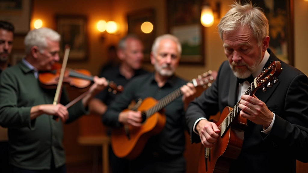Group of musicians of different ages playing traditional instruments together in a pub session with warm ambient lighting