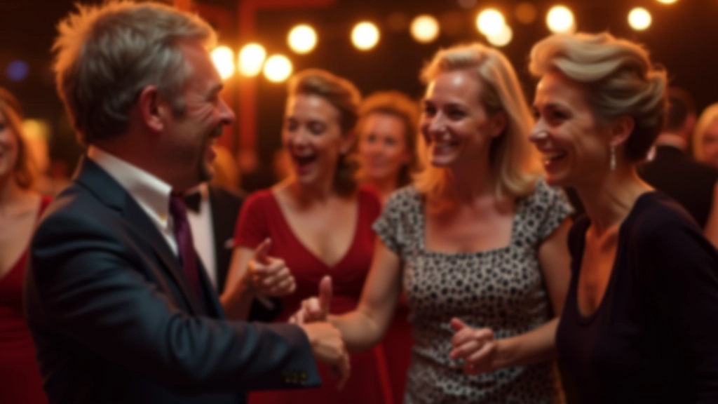 Joyful mature dancers smiling at a ballroom social event, casual moment between dances