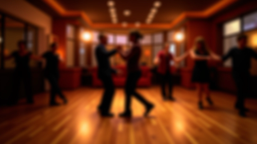 Interior view of a social dance venue with wooden dance floor, warm lighting, and couples dancing together in the background