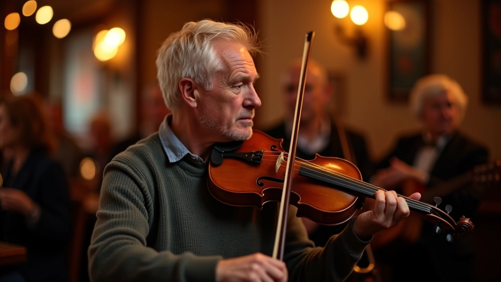 Older musician playing fiddle with focused expression, other musicians visible in background during traditional session