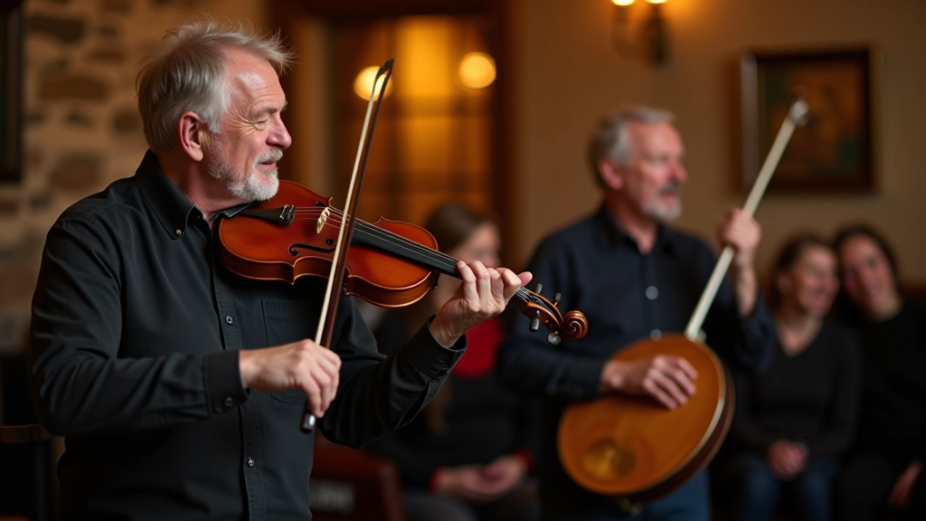 Traditional Irish musicians playing fiddle and bodhrán at a Celtic music gathering