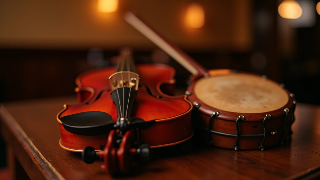 Close-up of traditional Irish instruments including fiddle bow and bodhrán drum in a pub session setting