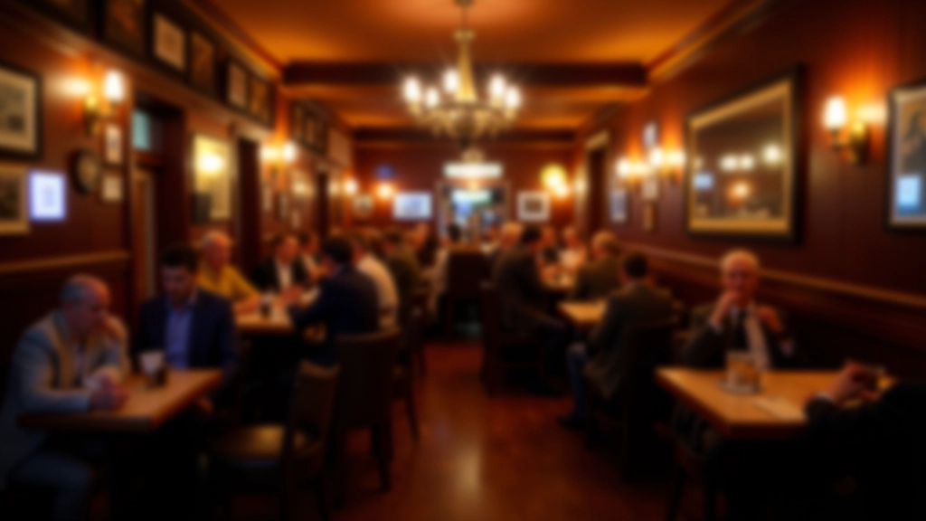 Interior of traditional Irish pub with warm lighting, wooden bar, and people sitting in conversation around tables
