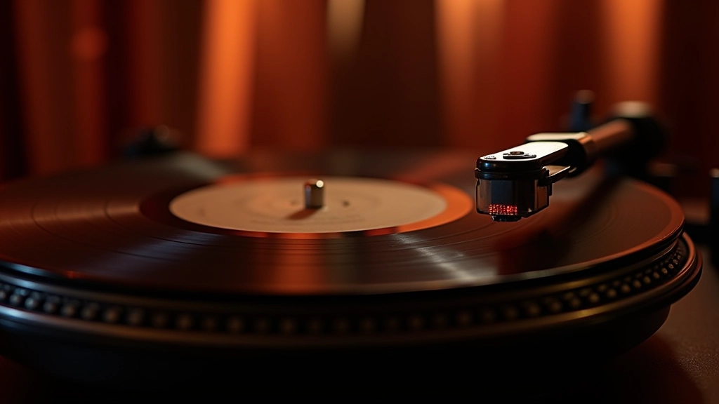 Close-up of vintage vinyl records stacked on a turntable at a blues music event